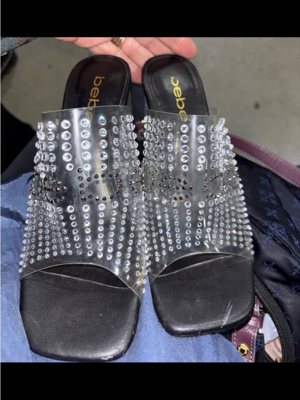 bebe Black Slide Mules with Clear Crystal Embellished Upper